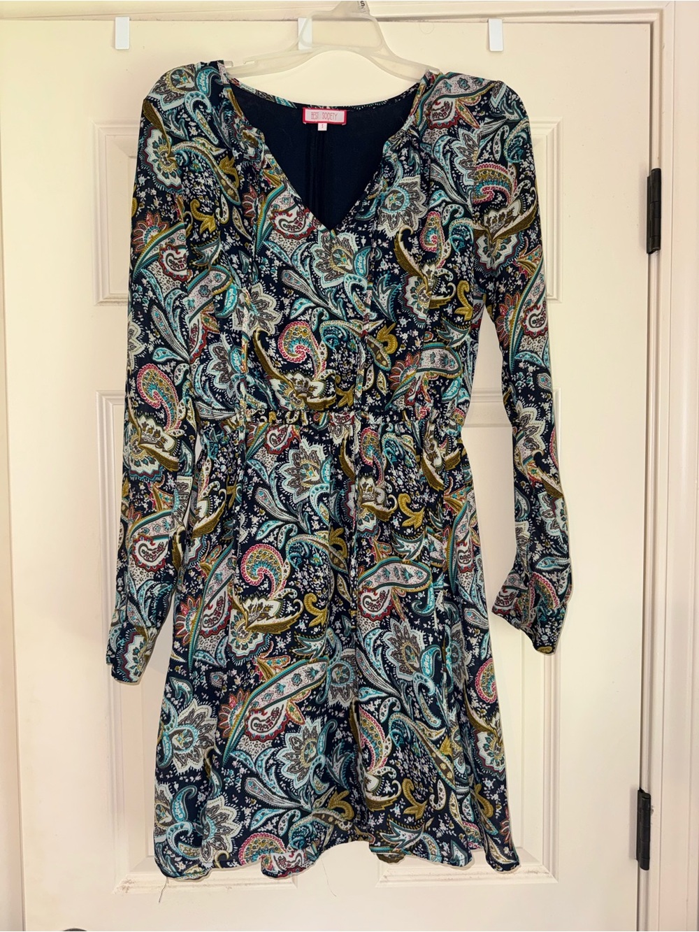 Boutique Paisley Long Sleeve Dress Small Navy Blue Boho V-Neck Mini